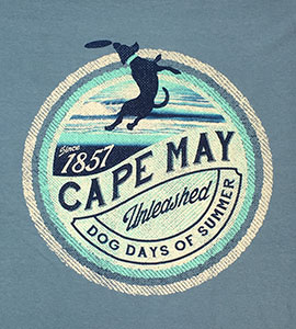 T-shirt showing dog playing with a frisbee