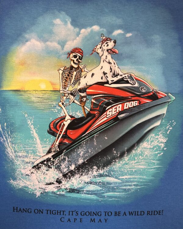 Dalmation and skeleton pirate on a jet ski