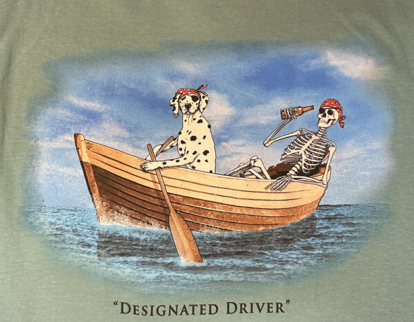 A dalmation rowing a rowboat. Behind it is a skeleton pirate